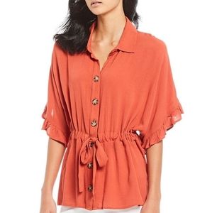 Democracy Ruffle Sleeve Tie Waist Pumpkin Blouse